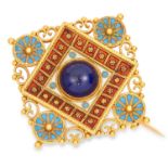 ANTIQUE LAPIS LAZULI AND ENAMEL BROOCH set with a cabochon lapis lazuli in decorated enamel