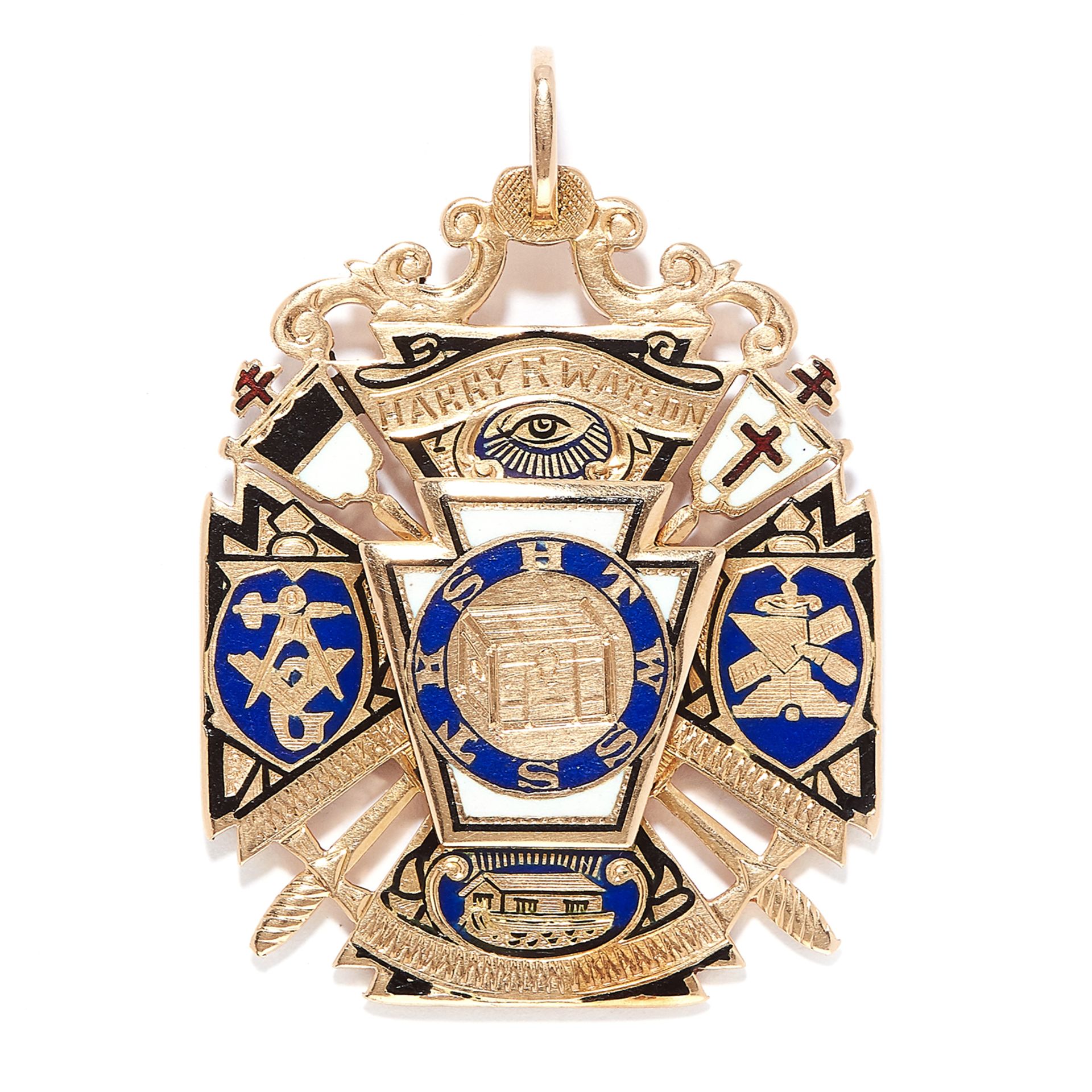 ENAMEL MASONIC PENDANT decorated with Masonic symbols in enamel, 3.9cm, 12.5g.