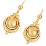 ANTIQUE VICTORIAN DROP EARRINGS each comprising of an articulated gold ball in a gold frame, 3.