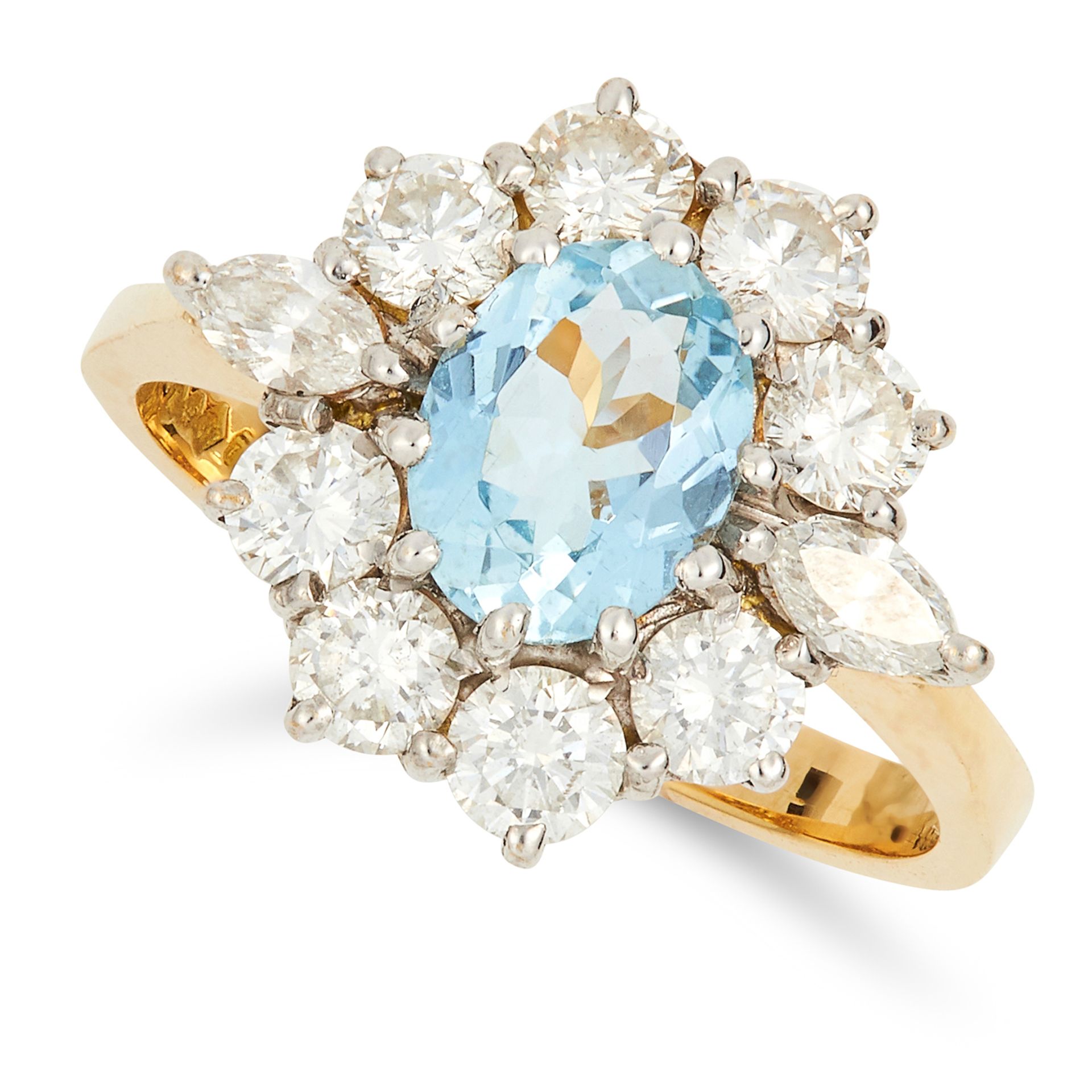 AQUAMARINE AND DIAMOND CLUSTER RING set with an oval cut aquamarine of approximately 1.00 carats and