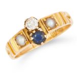 ANTIQUE DIAMOND, SAPPHIRE AND PEARL RING, set with a transitional cut diamond, a cushion cut
