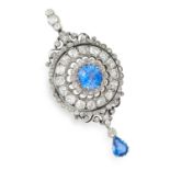 ANTIQUE 8.53 CARAT CEYLON NO HEAT SAPPHIRE AND DIAMOND BROOCH / PENDANT comprising of a round and