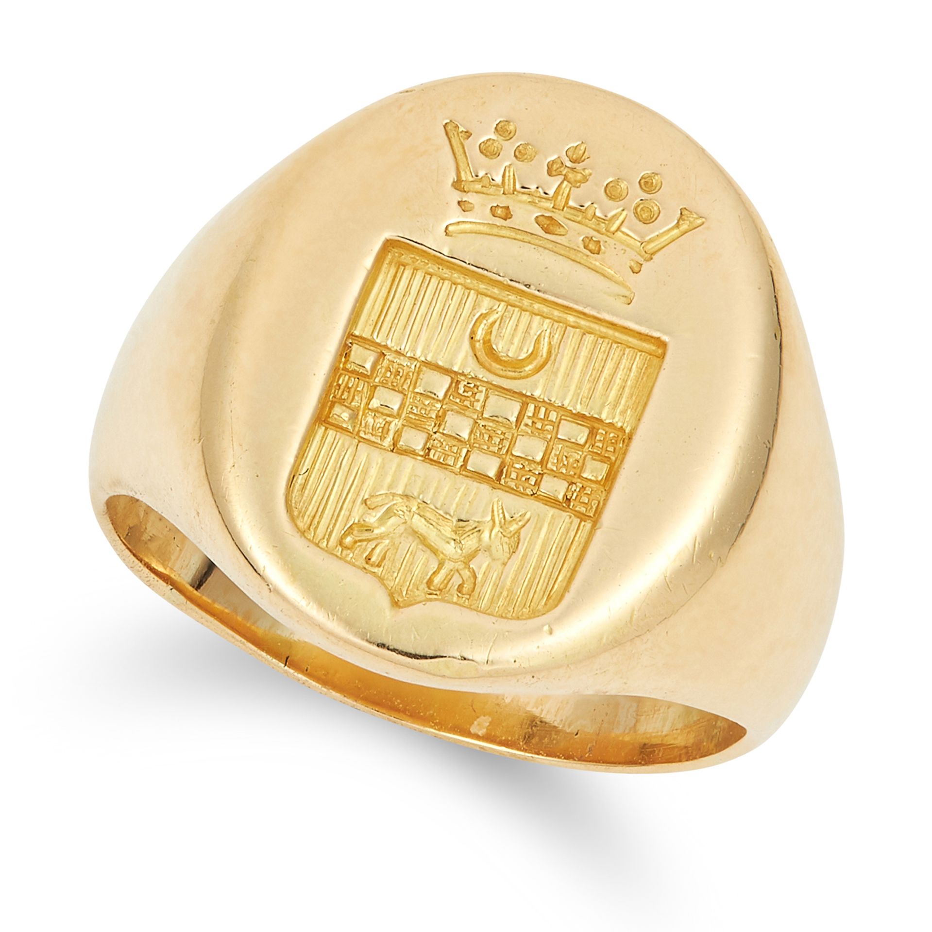 ANTIQUE INTAGLIO SEAL SIGNET RING with engraved heraldic crest, size H / 3.5, 8.0g.