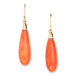 ANTIQUE CORAL DROP EARRINGS set with coral drops, 3.1cm, 2.6g.