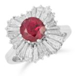 RUBY AND DIAMOND RING in ballerina design set with a round cut ruby and baguette cut diamonds,