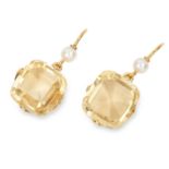 ANTIQUE CITRINE AND PEARL EARRINGS set with flat topped cushion cut citrines and pearls, 2.6cm, 5.