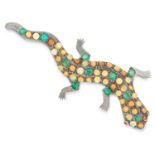 EMERALD, RUBY AND OPAL LIZARD BROOCH set with round cut emeralds and rubies and cabochon opals, 8cm,