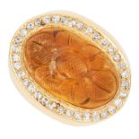 VINTAGE CITRINE AND DIAMOND RING set with an oval citrine cabochon of 13.84 carats and round cut