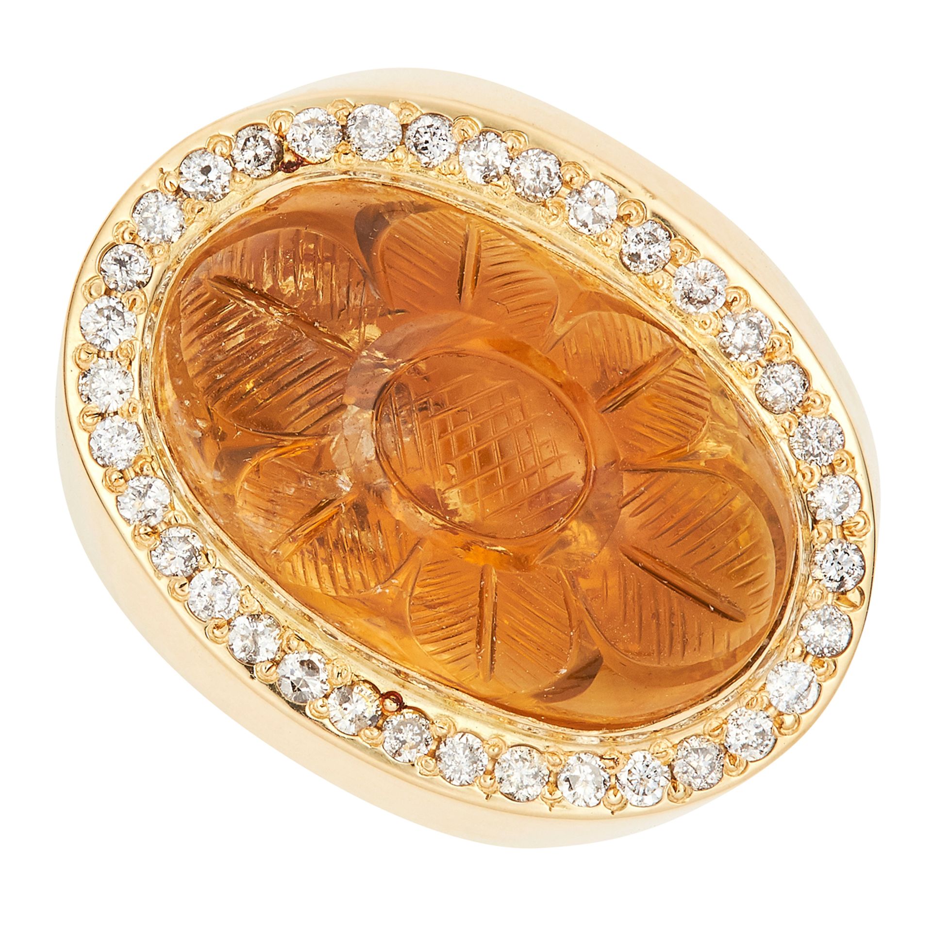 VINTAGE CITRINE AND DIAMOND RING set with an oval citrine cabochon of 13.84 carats and round cut