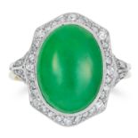 ART DECO JADE RING, set with a cabochon jade within a border of diamonds, size N / 6.5, 3.9g.