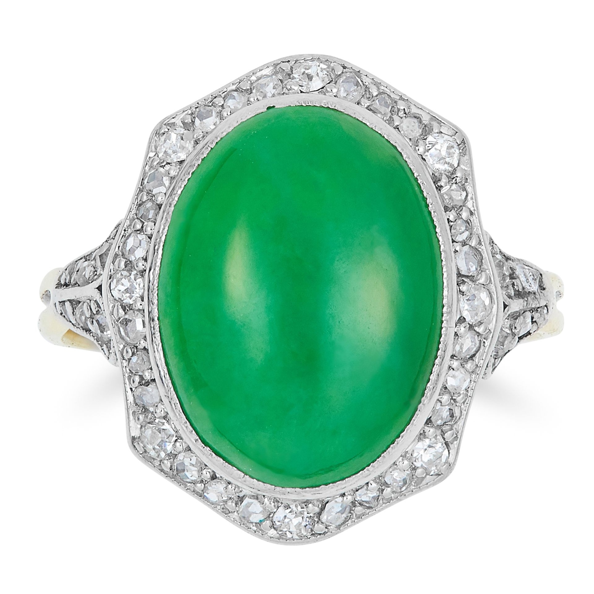 ART DECO JADE RING, set with a cabochon jade within a border of diamonds, size N / 6.5, 3.9g.