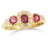 ANTIQUE RUBY AND DIAMOND CLUSTER RING, set with oval cut rubies and old cut diamonds, size N / 6.