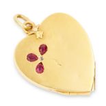 ANTIQUE RUBY CLOVER LOCKET PENDANT in heart form, set with three pear cut rubies, opening to