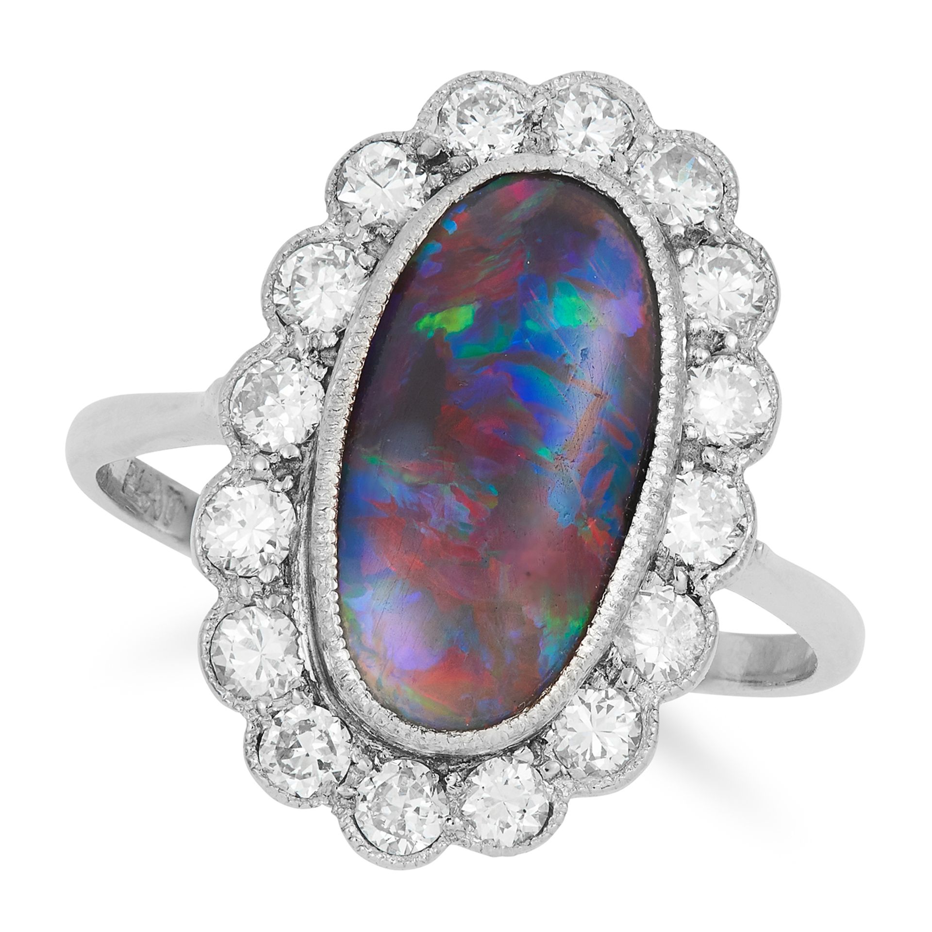ANTIQUE BLACK OPAL AND DIAMOND CLUSTER RING set with a black opal of approximately 1.87 carats in