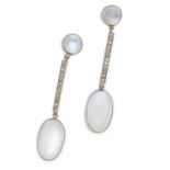 MOONSTONE AND DIAMOND DROP EARRINGS each set with two cabochon moonstones and rose cut diamonds,