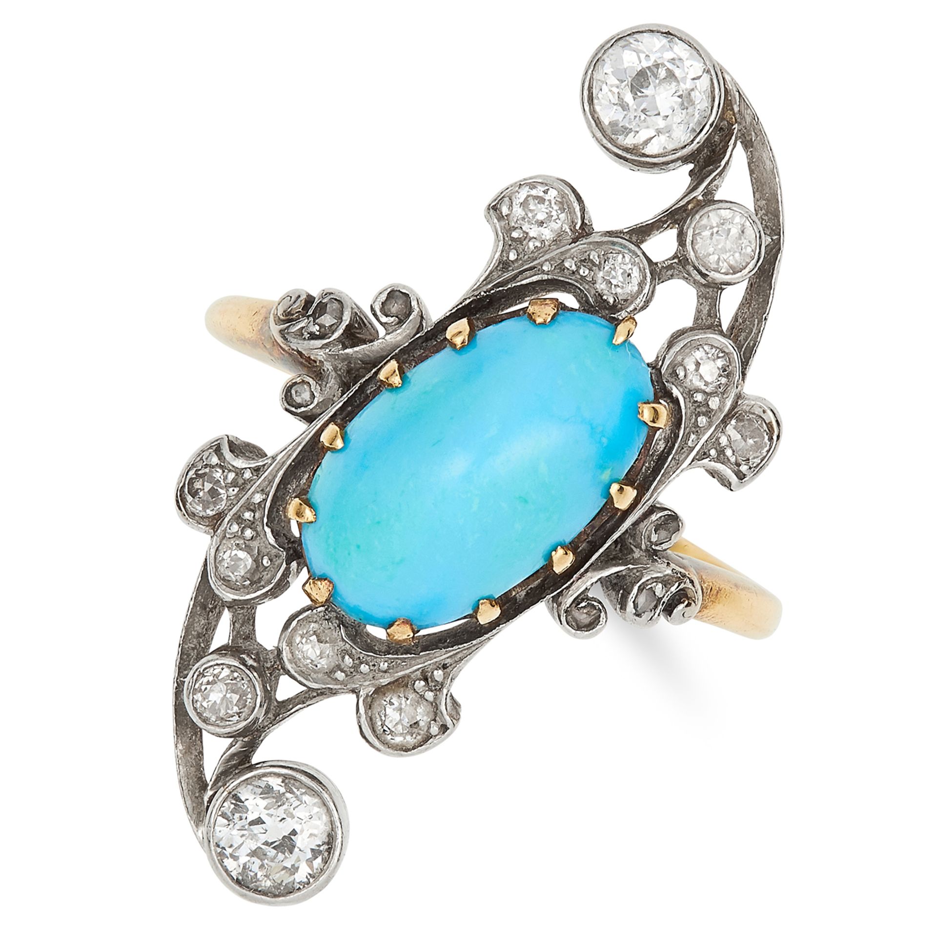 ANTIQUE TURQUOISE AND DIAMOND RING in scrolling foliate motif set with round cut diamonds and a