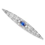 ART DECO SAPPHIRE AND DIAMOND BAR BROOCH set with an oval cut sapphire and old and rose cut
