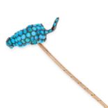 ANTIQUE TURQUOISE RAT / MOUSE STICK PIN set with turquoise cabochons, 7.4cm, 4.4g.