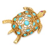 TURQUOISE AND RUBY TURTLE BROOCH, BOUCHERON set with cabochon turquoise and rubies, with articulated