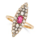 ANTIQUE DIAMOND AND RED GEMSTONE RING the marquise face is set with an oval cut red gemstone and