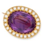 ANTIQUE AMETHYST AND PEARL BROOCH set with an oval cut amethyst in a border of seed pearls, 2.2cm,