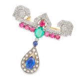 GEMSET BROOCH / PENDANT in Art Deco style, set with round cut diamonds, rubies, sapphire and oval