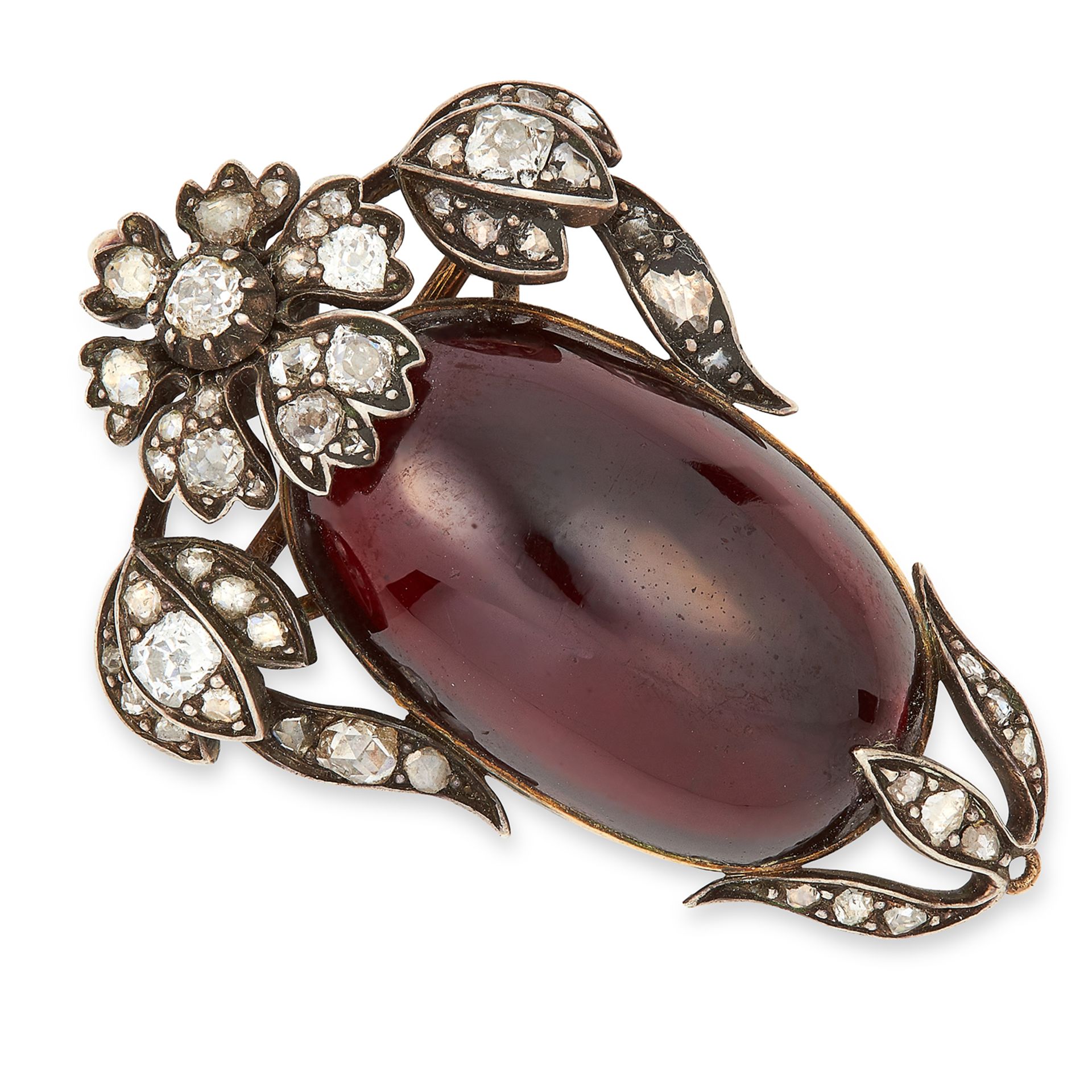 ANTIQUE VICTORIAN GARNET AND DIAMOND MOURNING BROOCH / PENDANT set with cabochon garnet, old and