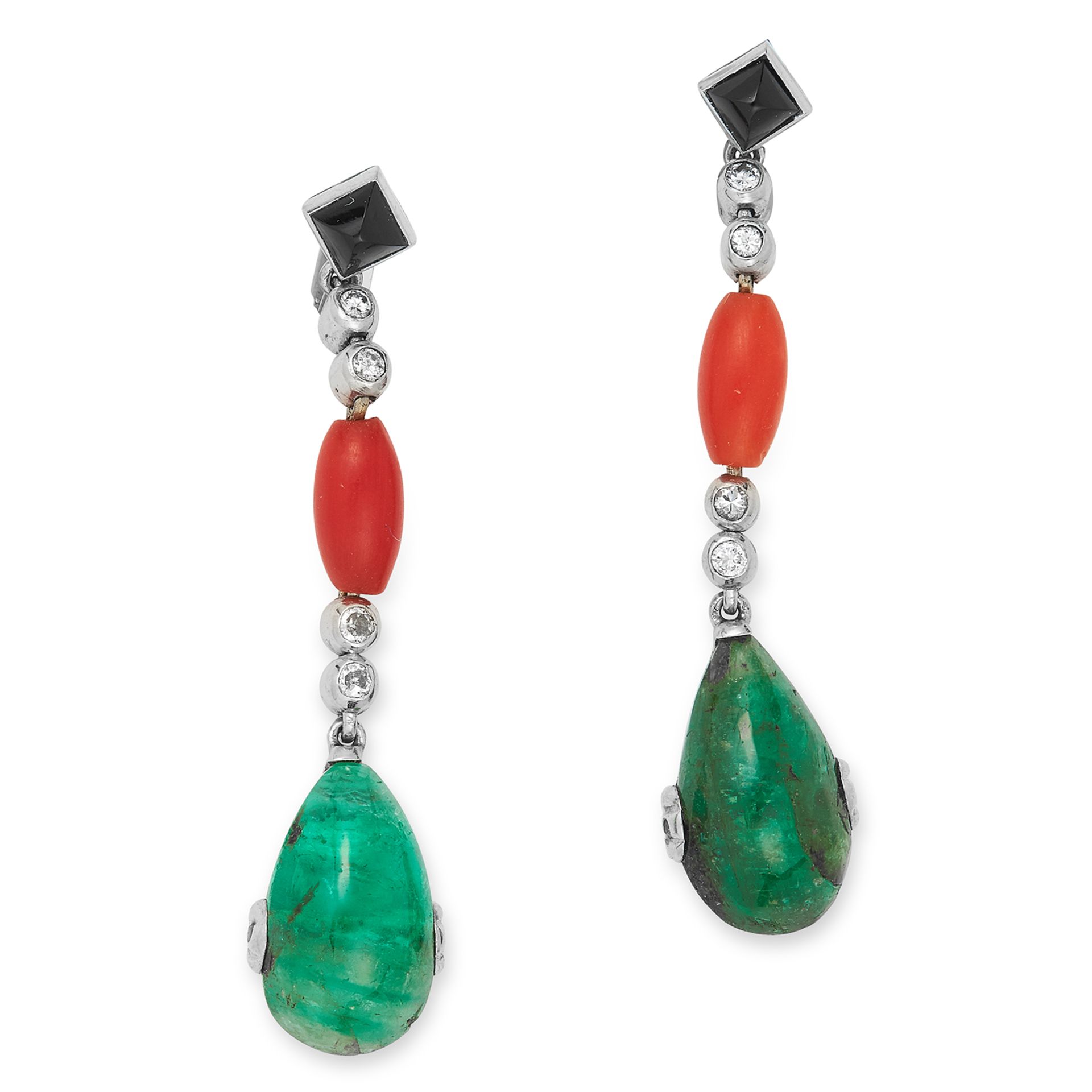 ANTIQUE ART DECO EMERALD, CORAL, ONYX AND DIAMOND EARRINGS each set with polished onyx, coral, round