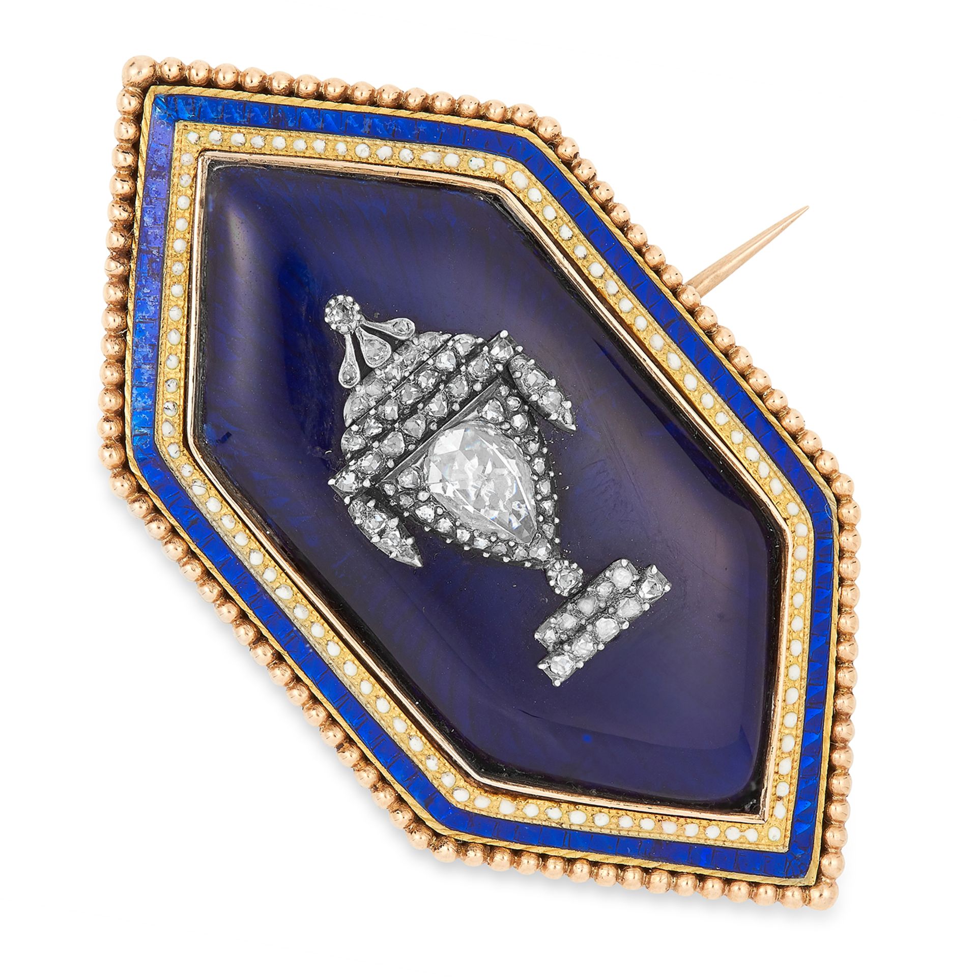 ANTIQUE DIAMOND AND ENAMEL HAIRWORK MOURNING BROOCH, set with a rose cut diamond encrusted urn and