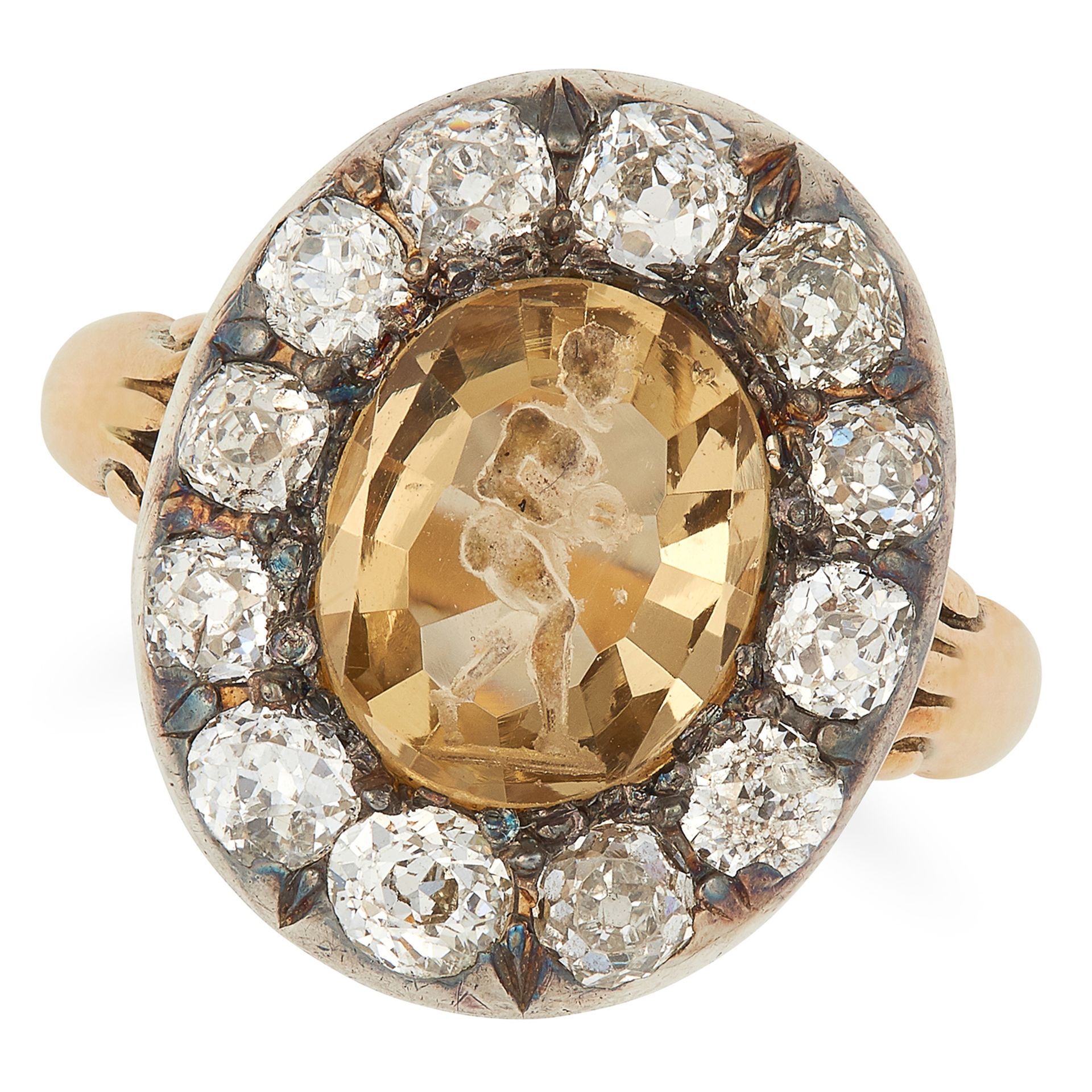 ANTIQUE IMPERIAL TOPAZ INTAGLIO AND DIAMOND CLUSTER RING set with a topaz intaglio of