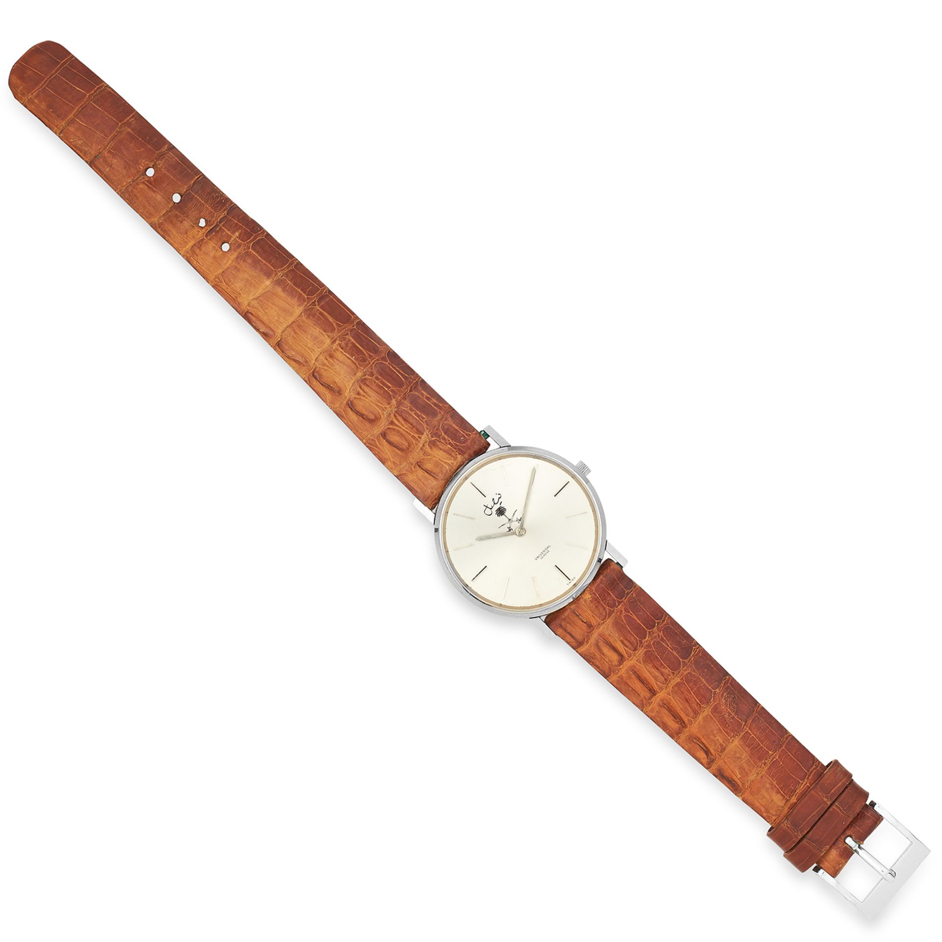 UNIVERSAL WRIST WATCH on brown leather strap, 23cm, 26.5g.