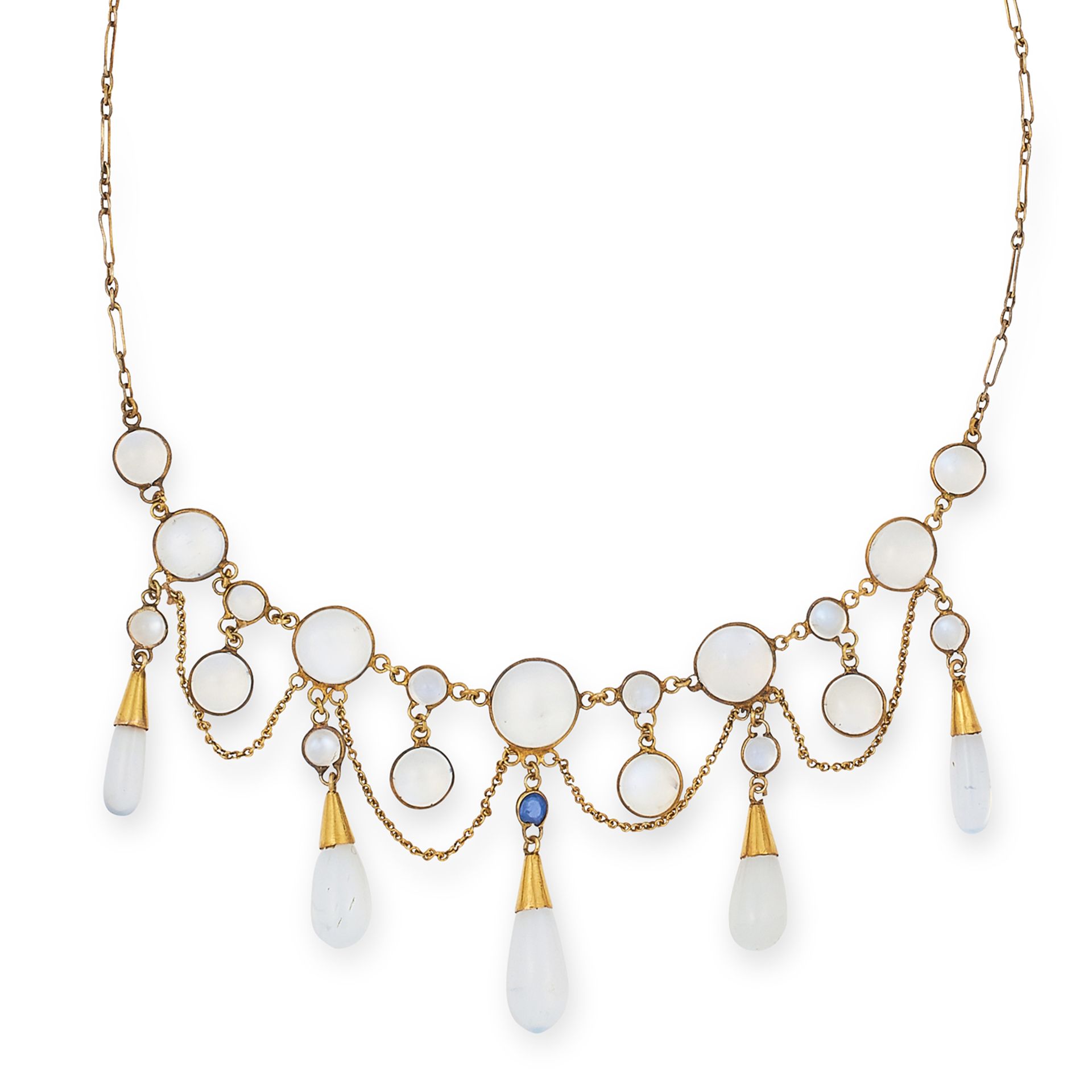 ANTIQUE MOONSTONE AND SAPPHIRE NECKLACE set with a round cut sapphire, cabochon moonstone and