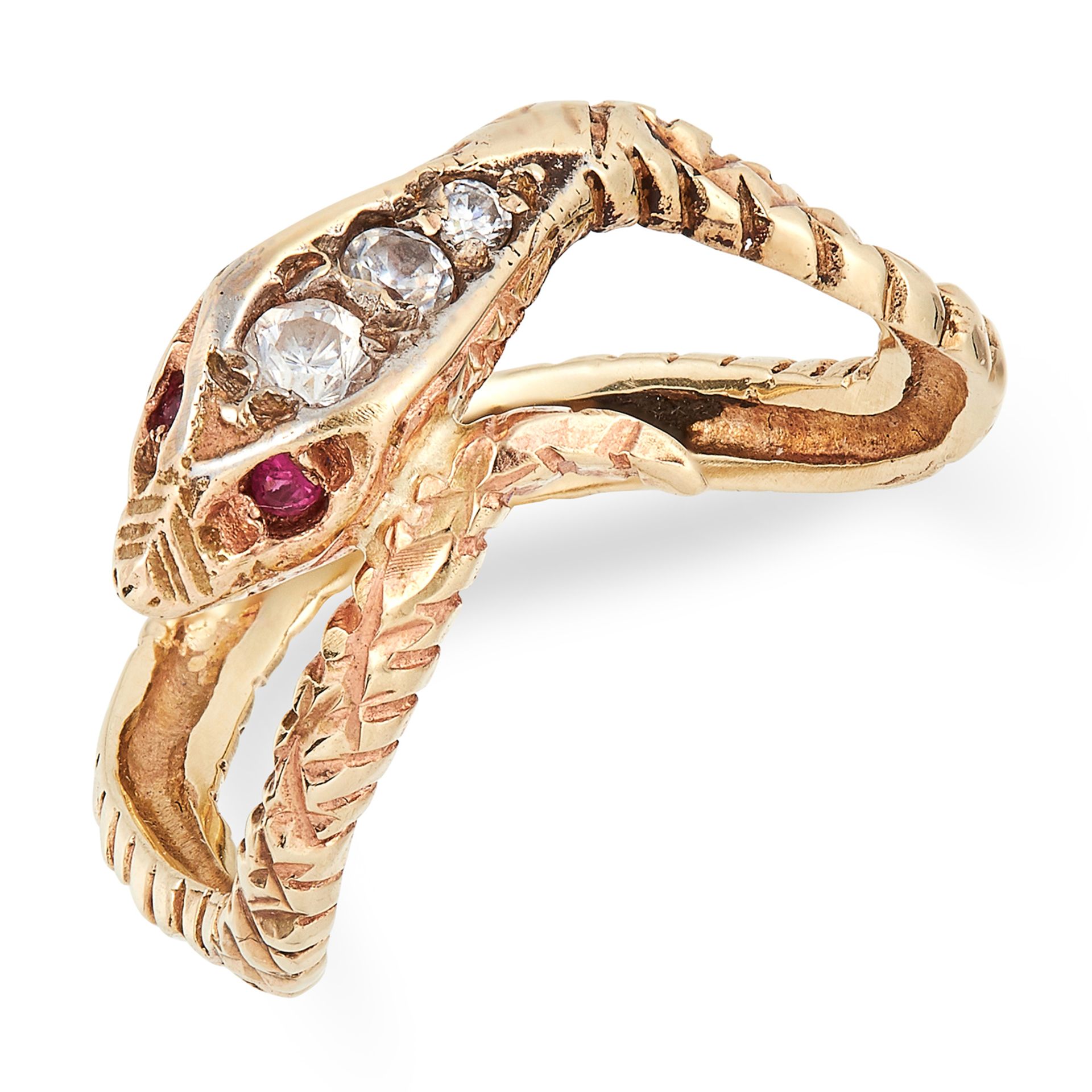 ANTIQUE RUBY SNAKE RING set with round cut rubies and white gemstones, size K / 5, 2.4g.
