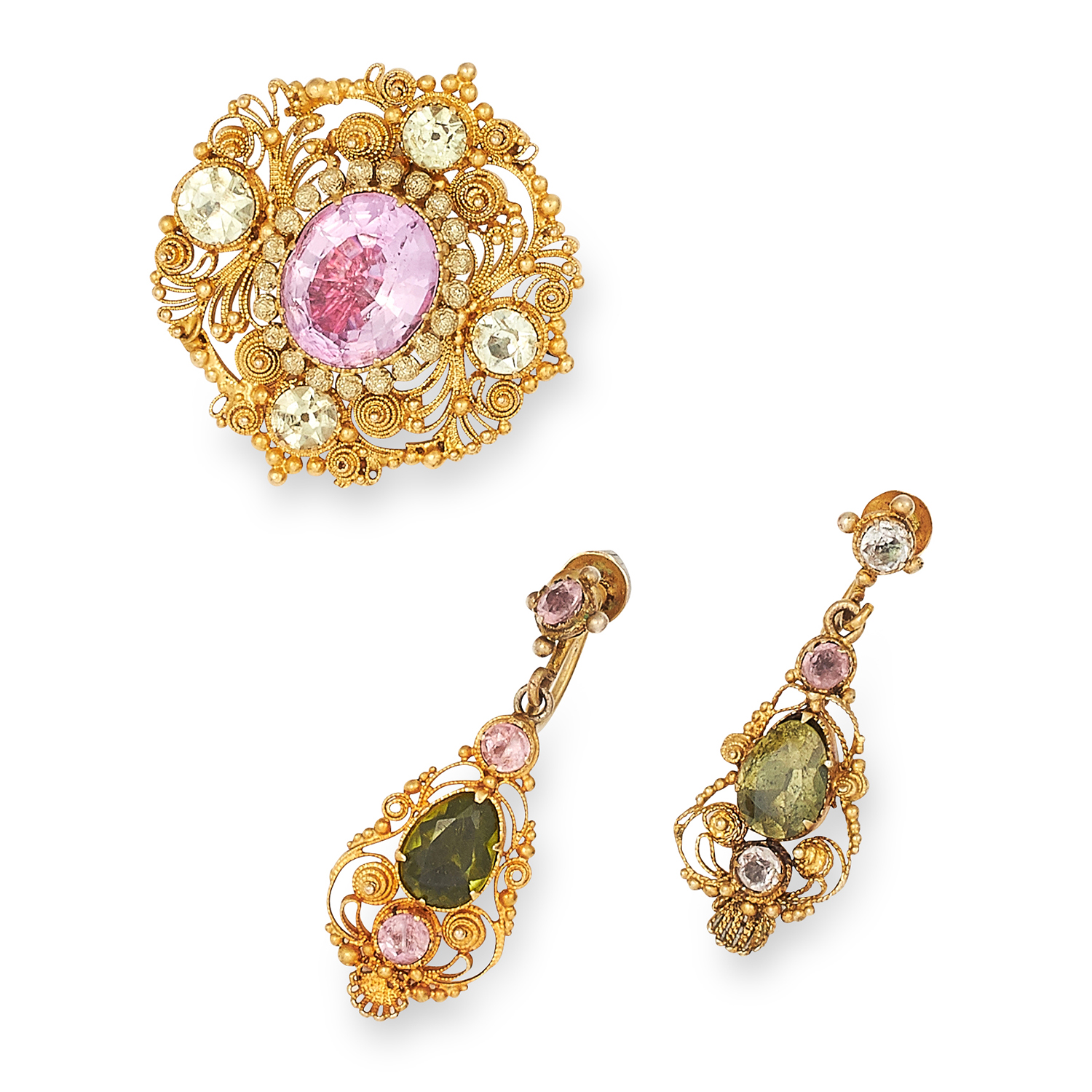 ANTIQUE GEORGIAN PINK TOPAZ AND CHRYSOBERYL NECKLACE, EARRING AND BROOCH DEMI PATURE set with round, - Image 2 of 2