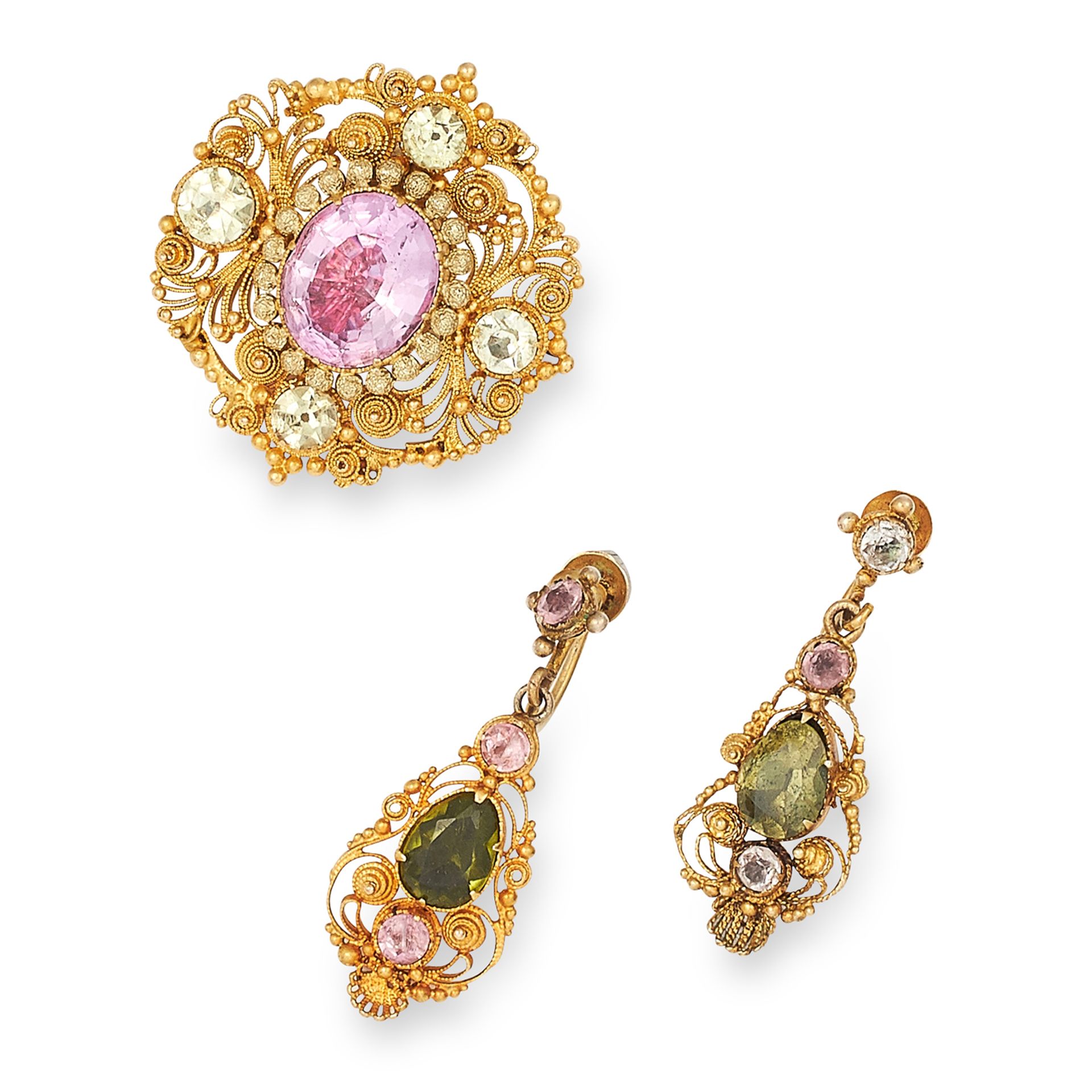ANTIQUE GEORGIAN PINK TOPAZ AND CHRYSOBERYL NECKLACE, EARRING AND BROOCH DEMI PATURE set with round, - Bild 2 aus 2