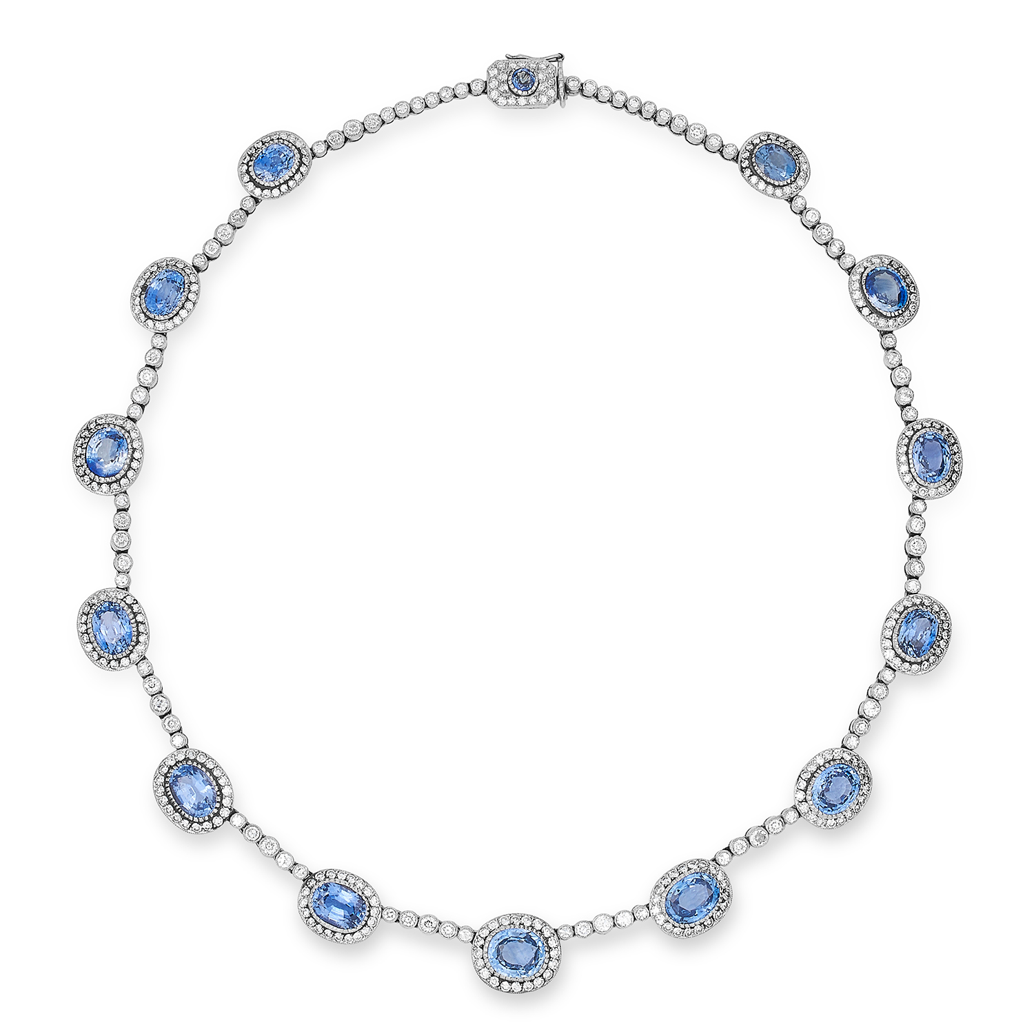 ANTIQUE SAPPHIRE AND DIAMOND NECKLACE, MARKED FOR FABERGE set with oval cut sapphires totalling