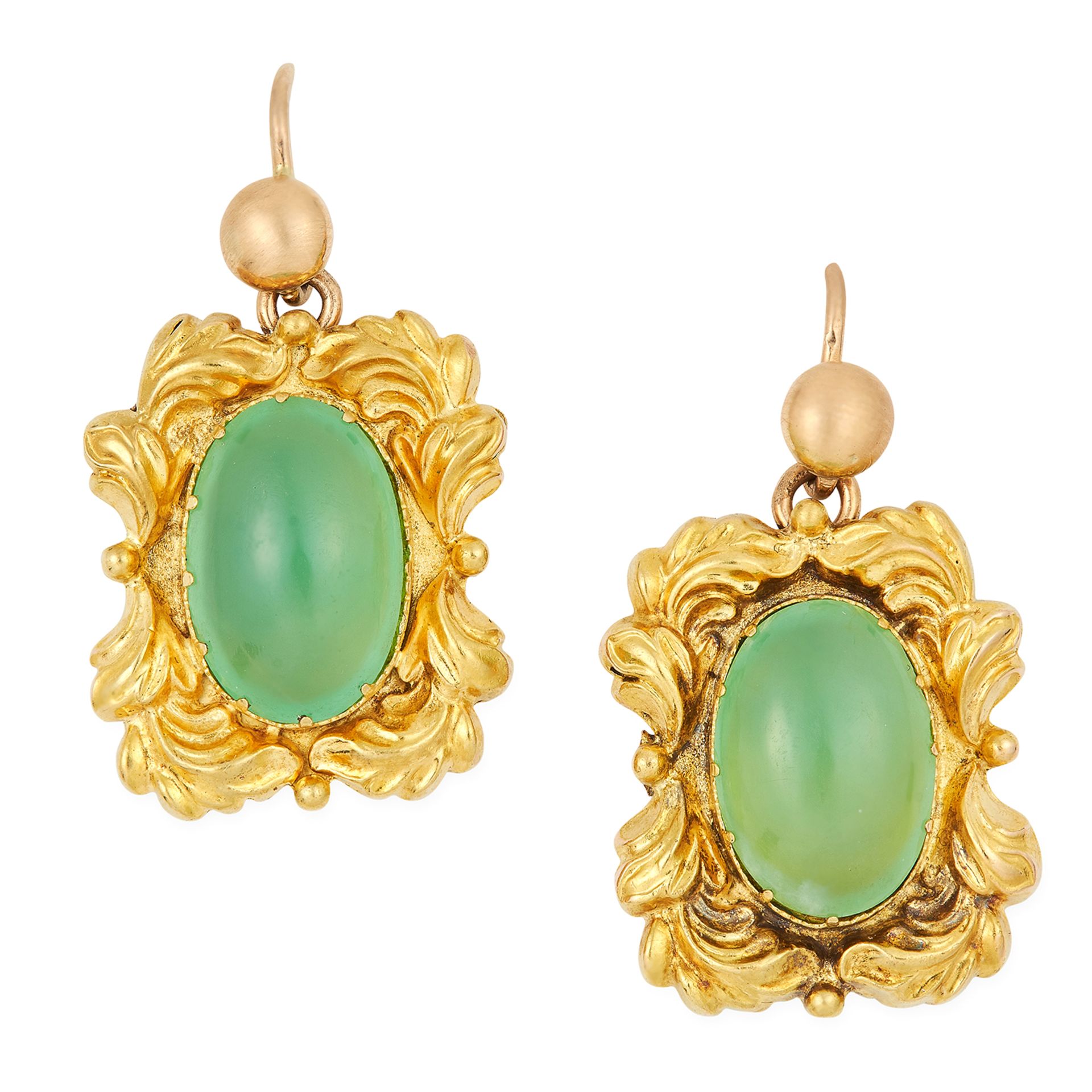 ANTIQUE CHRYSOPRASE EARRINGS set with cabochon chrysoprase, 3.4cm, 10.2g.