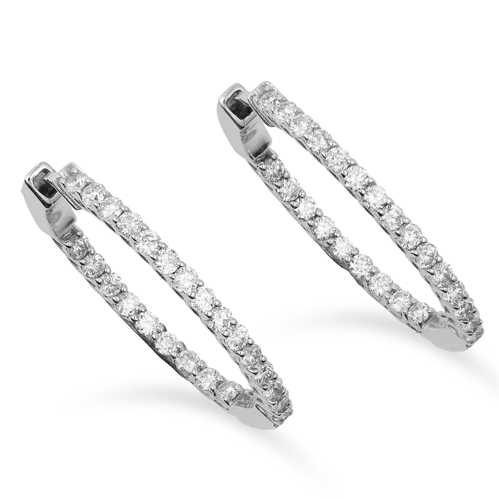 DIAMOND HOOP EARRINGS, set with round cut diamonds, 2.8cm, 8.4g.