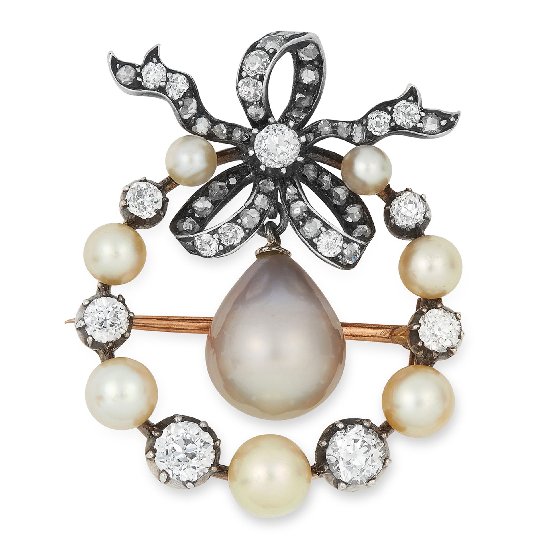 ANTIQUE NATURAL PEARL AND DIAMOND BOW BROOCH set with pearls and old cut diamonds, suspending a