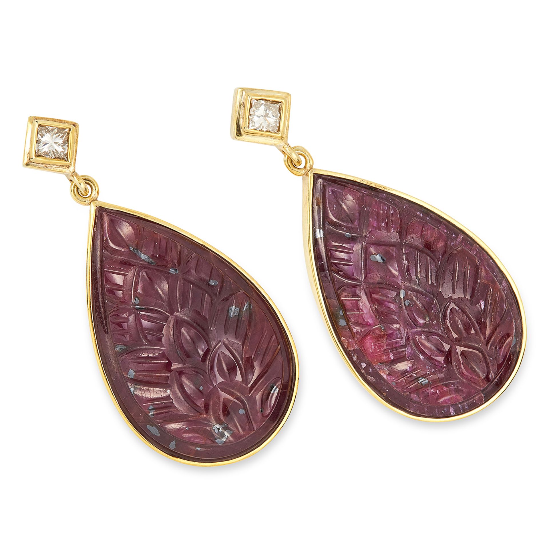 CARVED RUBY AND DIAMOND EARRINGS each set with a princess cut diamond and a Mughal carved ruby drop,