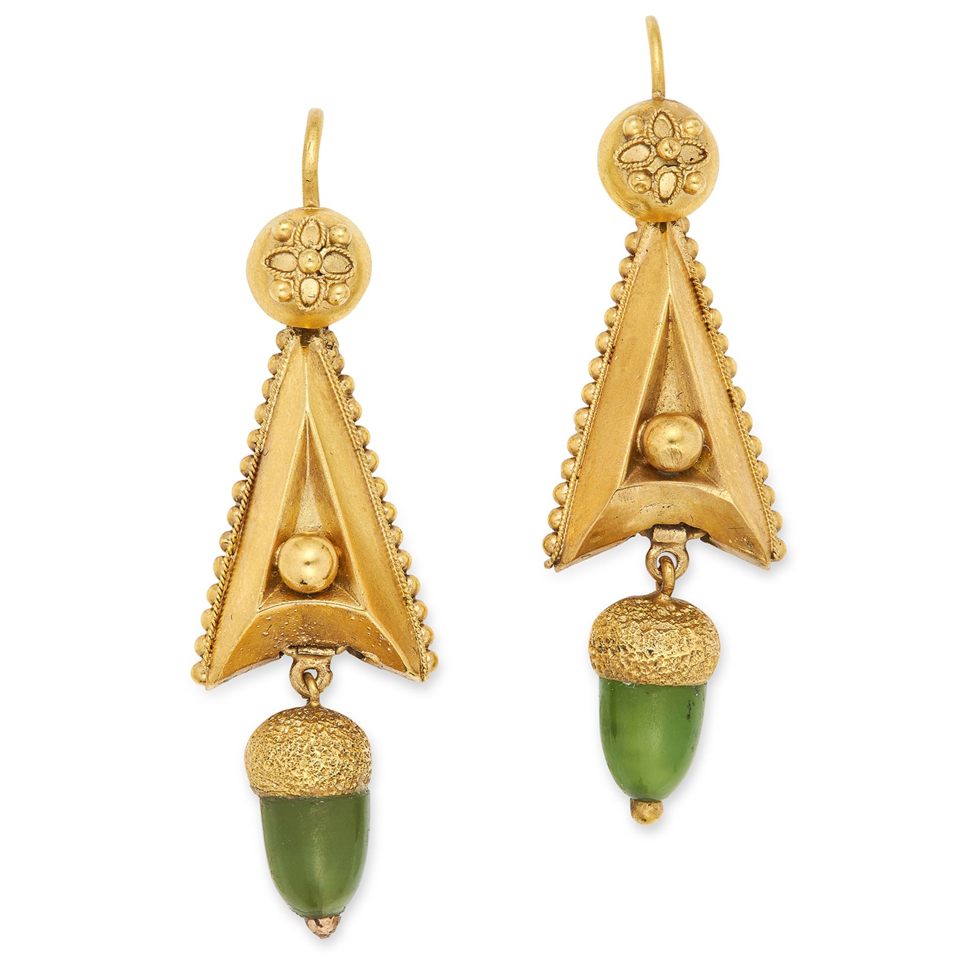 ANTIQUE JADE ACORN EARRINGS with triangle motifs suspending jade acorns, 4.7cm, 5.3g.
