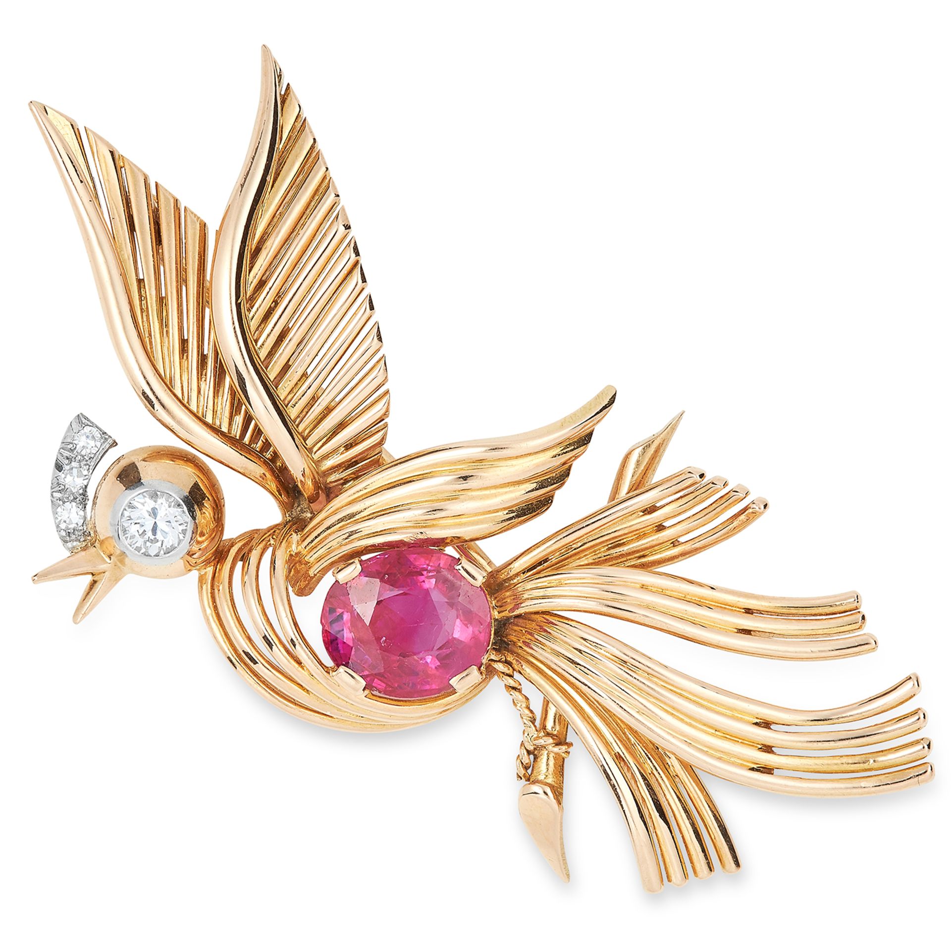 VINTAGE BURMA NO HEAT RUBY AND DIAMOND BIRD BROOCH, VAN CLEEF AND ARPELS, CIRCA 1940 set with an