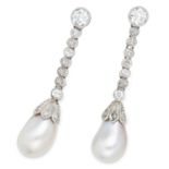 ANTIQUE NATURAL PEARL AND DIAMOND EARRINGS each comprising of a row of round cut diamonds