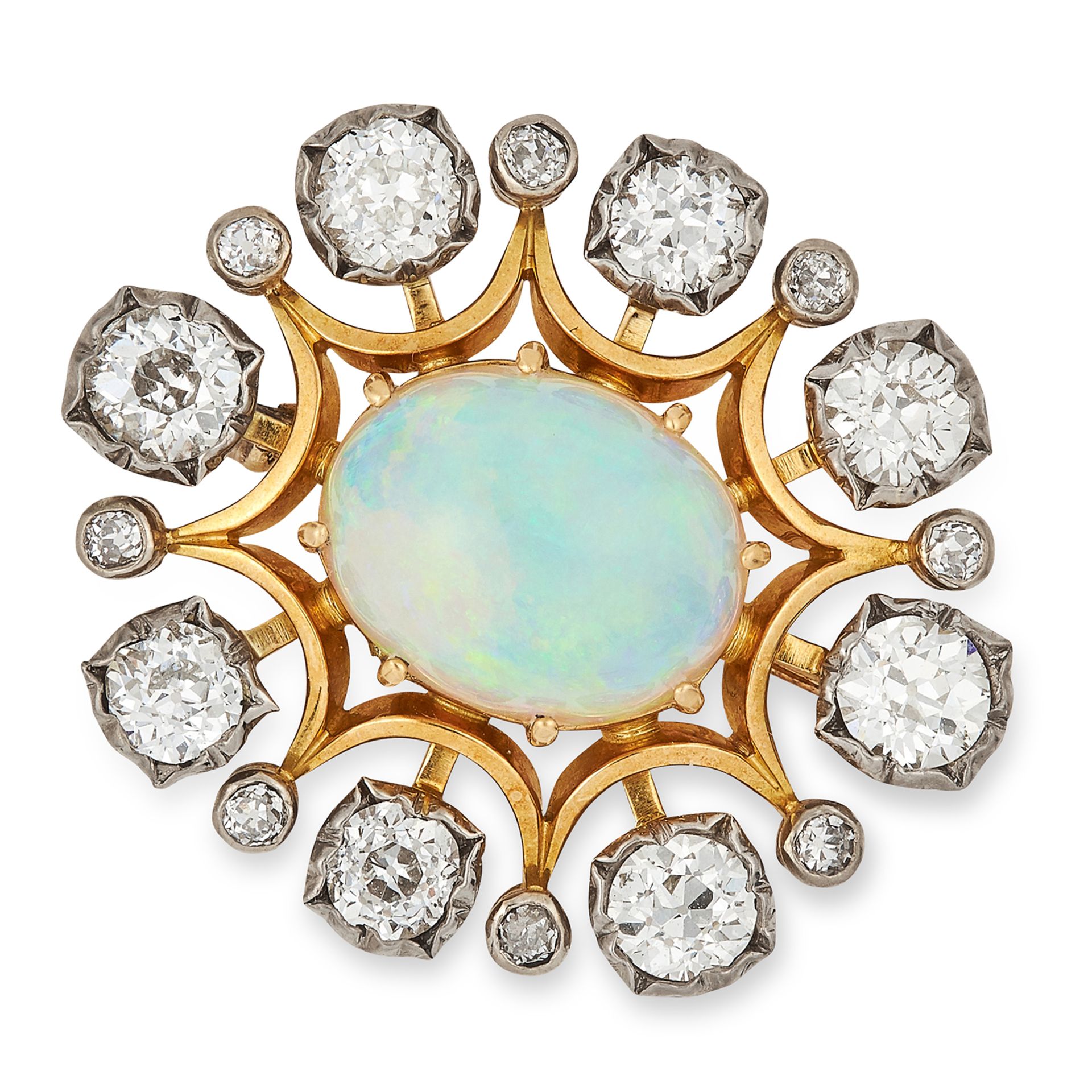 ANTIQUE OPAL AND DIAMOND BROOCH, set with a cabochon opal and approximately 3.50 carats of old cut