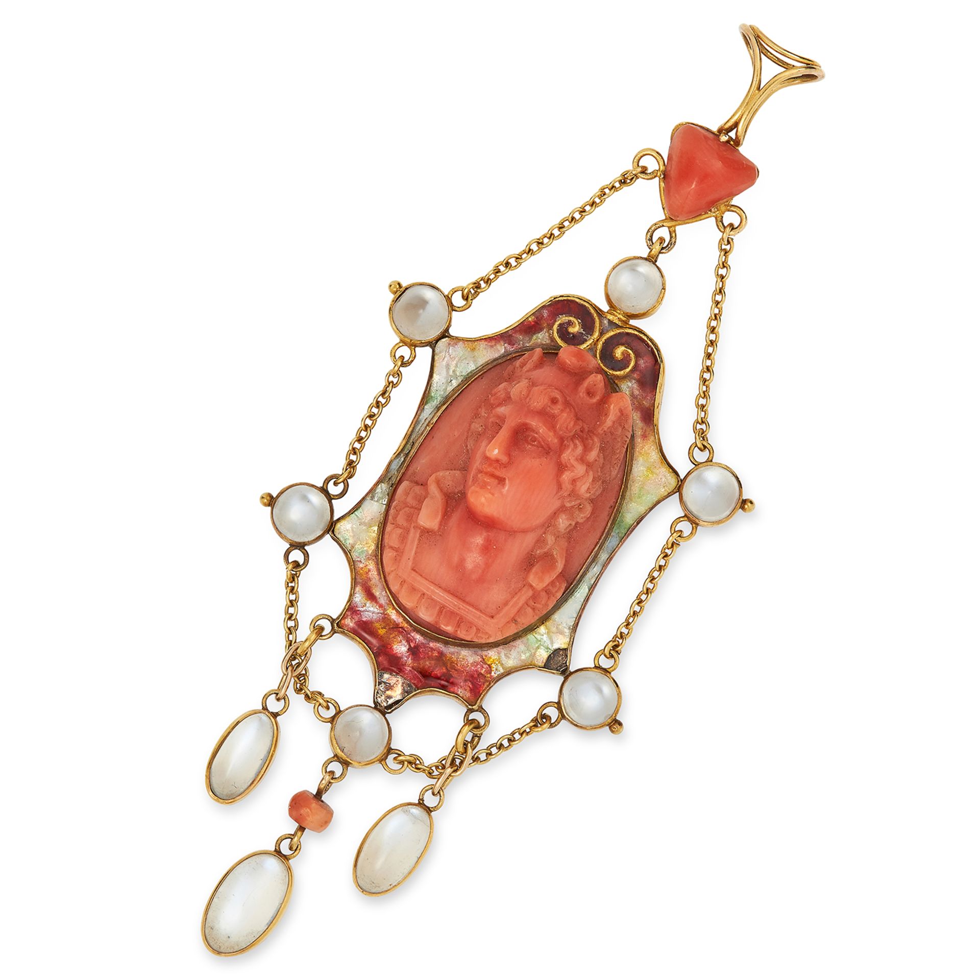 ART NOUVEAU CARVED CORAL AND MOONSTONE PENDANT, JAMES CROMAR set with a carved figure of a lady in a