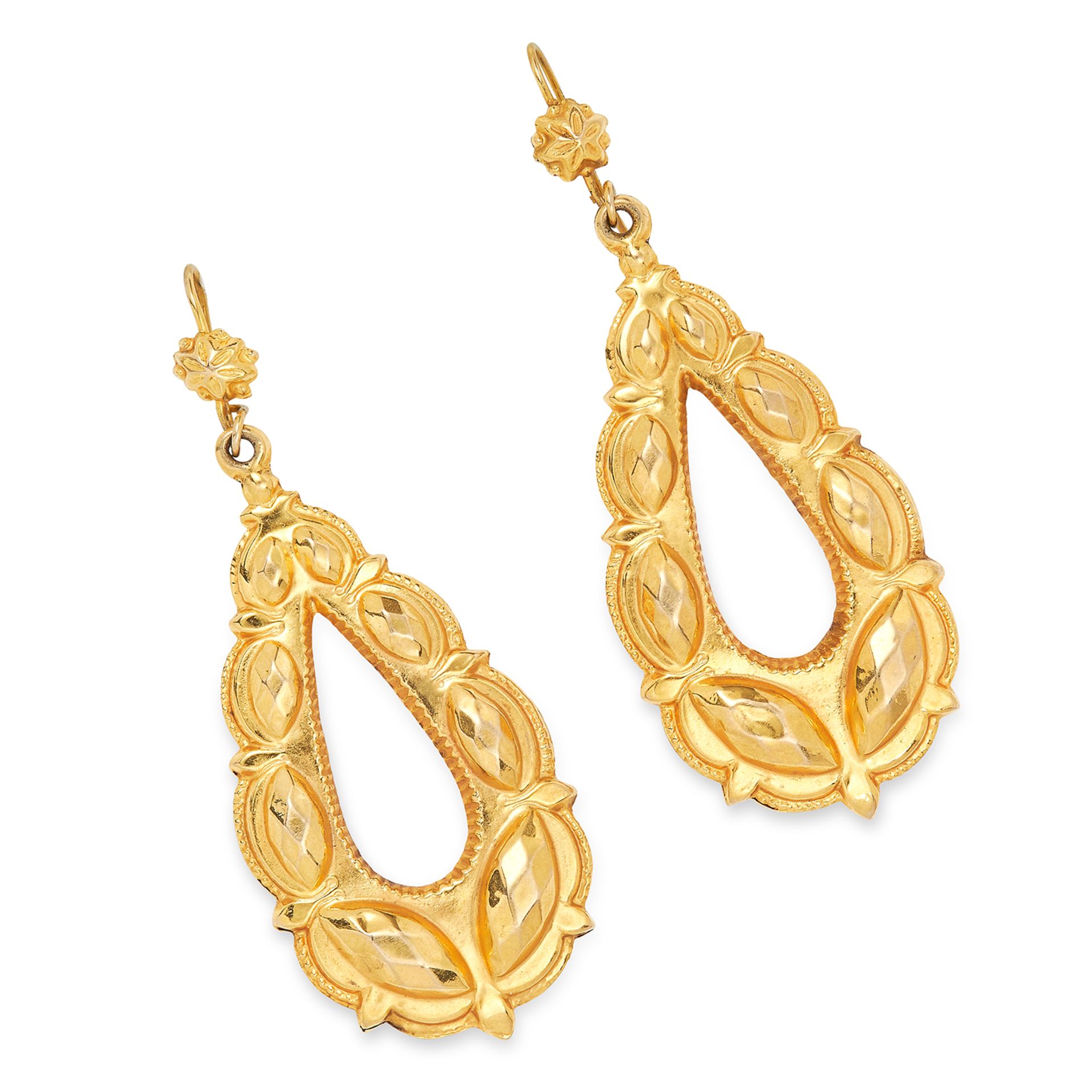 ANTIQUE GOLD EARRINGS set with open textured pear shape gold drops, 5.6cm, 3.7g.