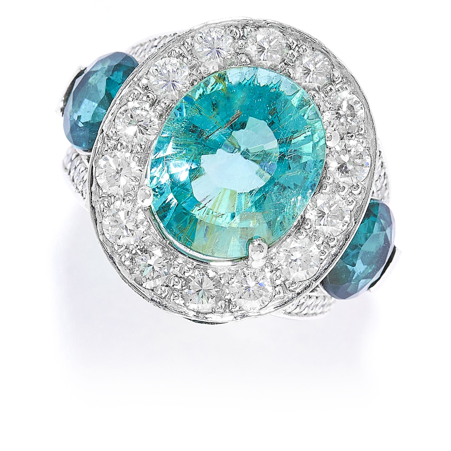 6.10 CARAT PARAIBA TOURMALINE, TOURMALINE AND DIAMOND RING set with an oval cut paraiba tourmaline