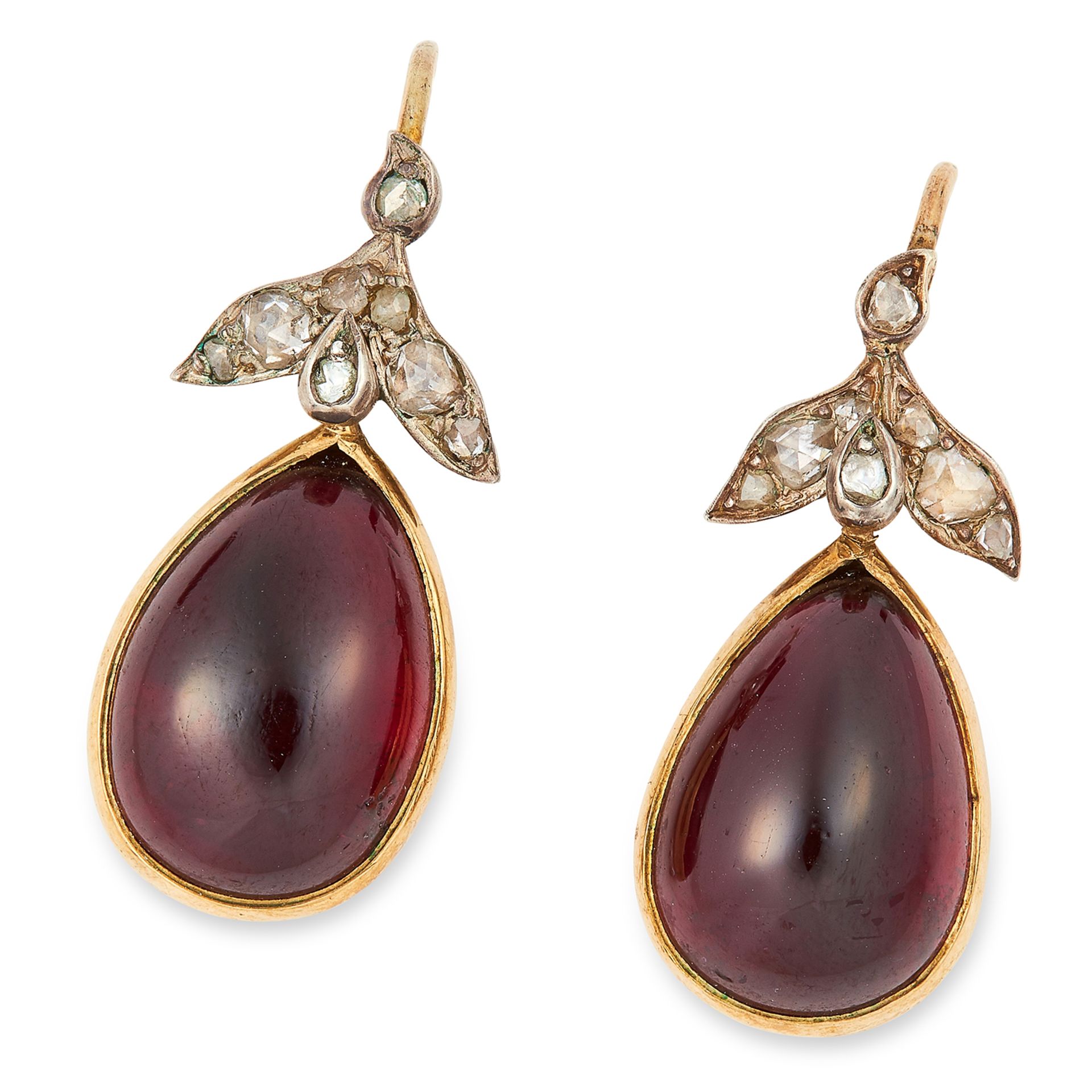 ANTIQUE VICTORIAN GARNET AND DIAMOND EARRINGS each set with cabochon garnet and rose cut diamonds,