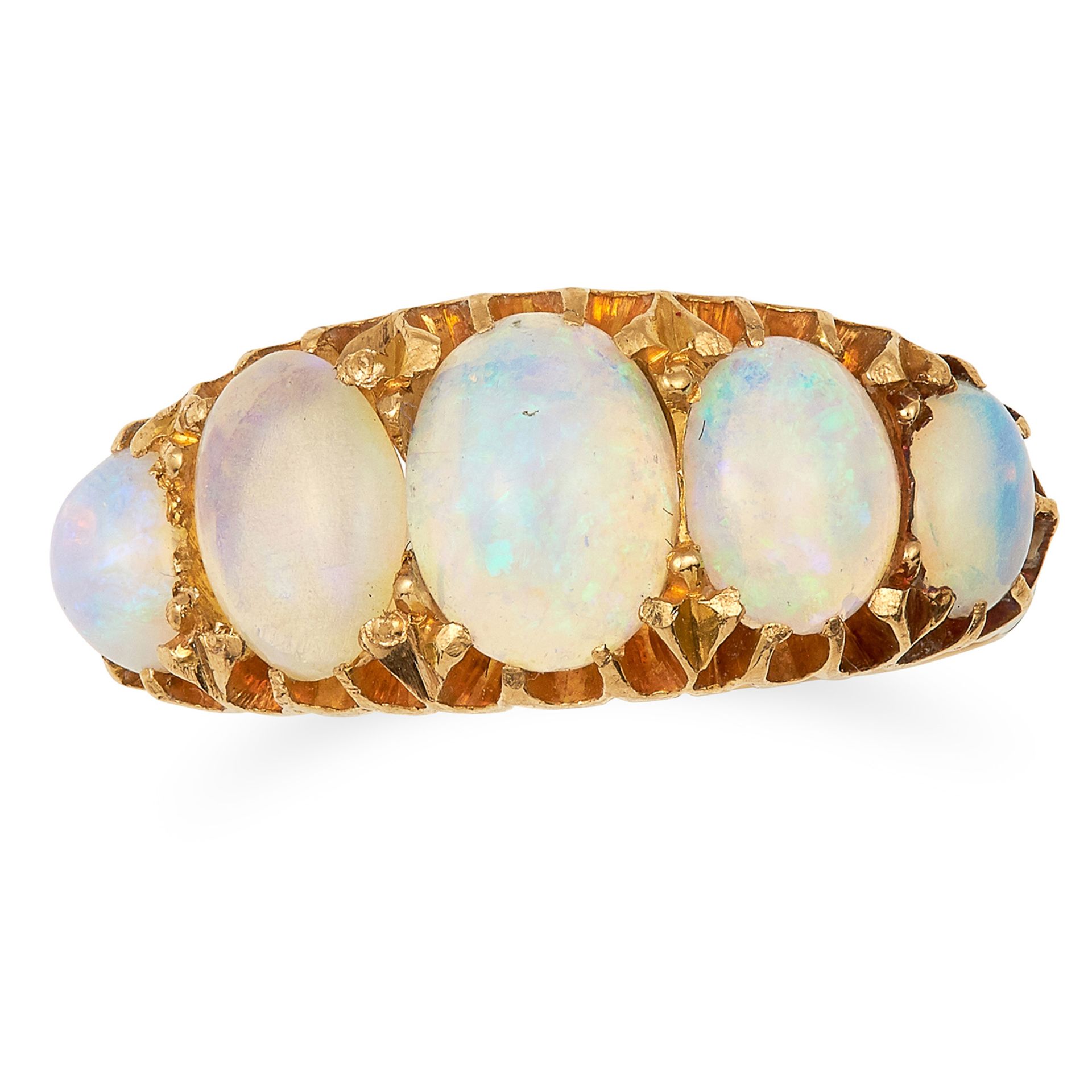 ANTIQUE OPAL FIVE STONE RING set with five cabochon opals, size L / 5.5, 3.5g.