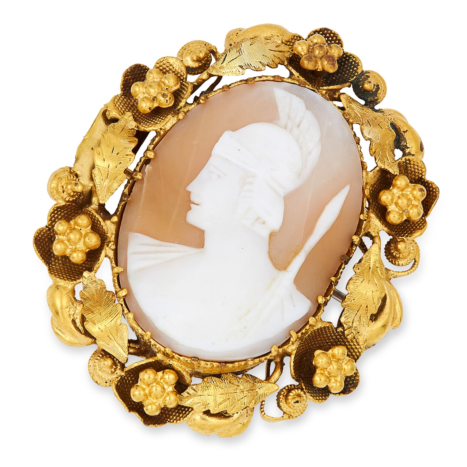 ANTIQUE CARVED CAMEO BROOCH depicting a Roman soldier, 4.1cm, 9.5g.